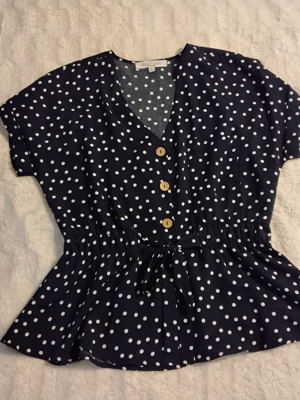 Sweet Rain Navy & White Polka Dot V-Neck Peplum Top